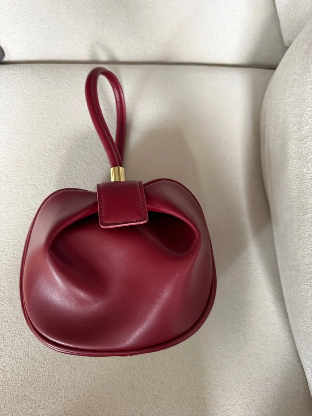 Burgundy Leather Wristlet Bag - Modern Gathered Design